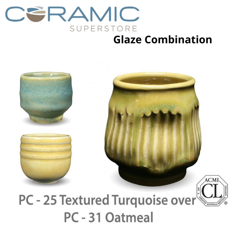 Textured Turquoise PC-25 over Oatmeal PC-31 Pottery Cone 5 Glaze Combination